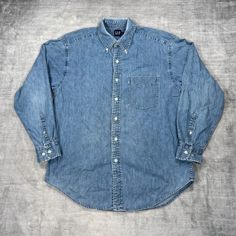 GAP Shirt Mens Medium Blue Denim Long Sleeve Button Down Vintage Y2K Minimalist
